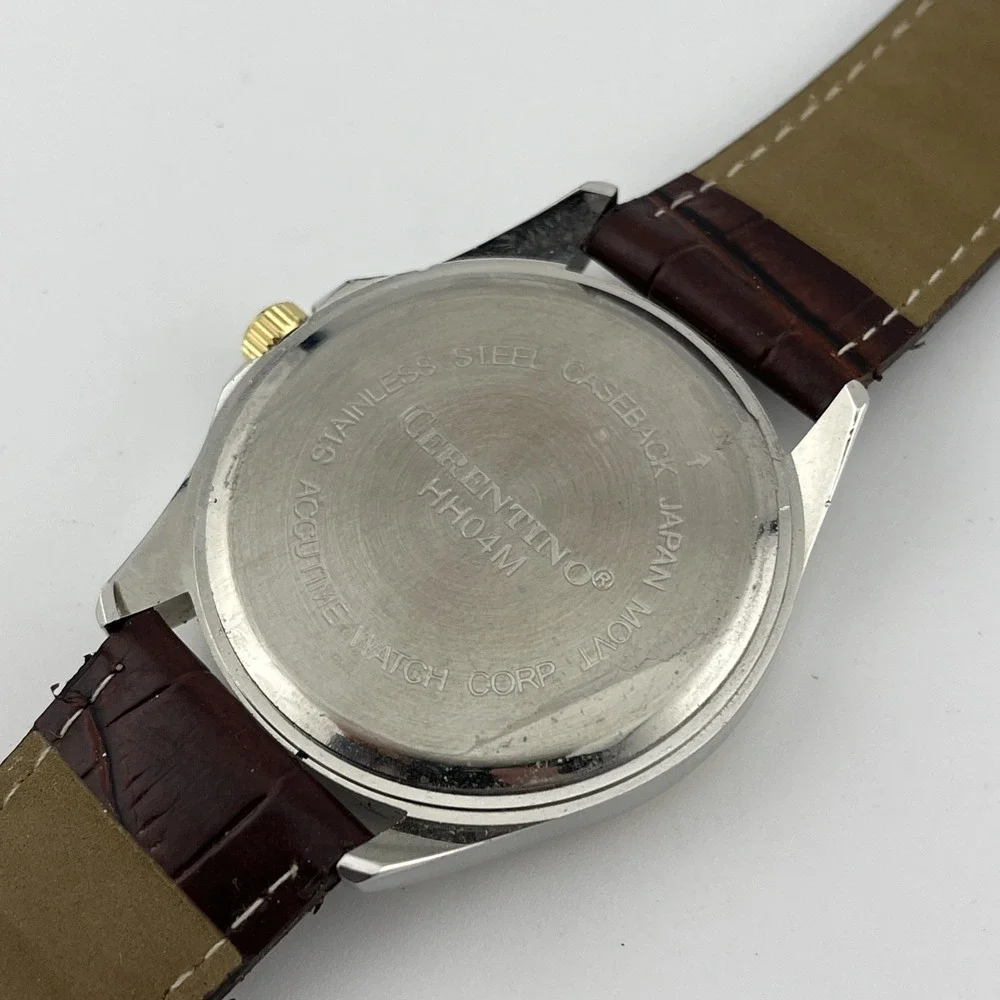Cerentino Diamond Accent Watch Men 42mm Silver Case Brown Band- New‎ Battery